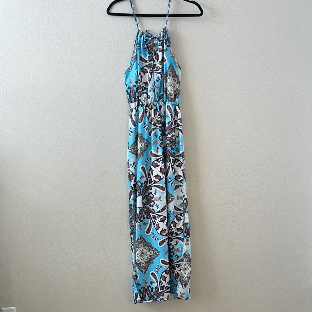 Blue and White Patterned Maxi Dress